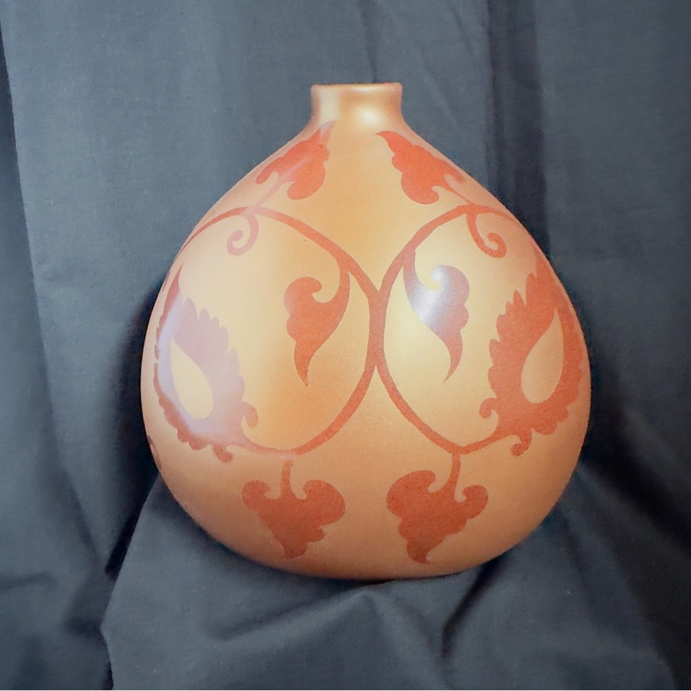 Art Pottery Rose Gold & Red Brown Bulbous Bud Vase Leaf Design